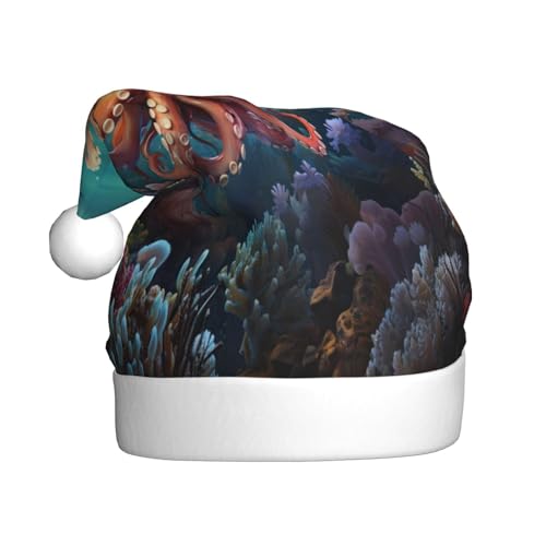 Kuilepa Weihnachtshut mit Unterwasser-Oktopusdruck, Weihnachtsmannmütze, Weihnachtsmütze für Erwachsene, verdickte Weihnachtsmannmützen für Weihnachten, Neujahr von Kuilepa