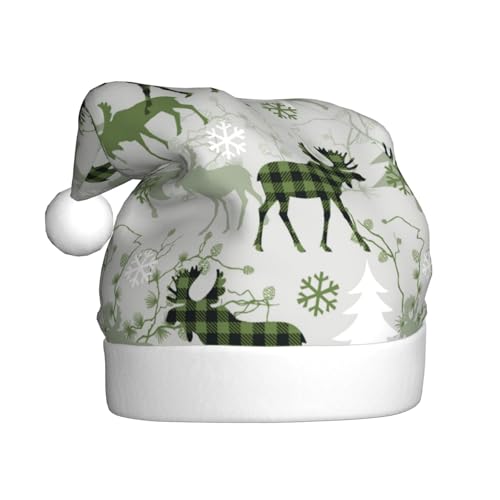 Kuilepa Weihnachtshut mit grünem Elchdruck, kariert, Weihnachtsmannhut, Weihnachtsmütze für Erwachsene, dicke Weihnachtsmannhüte für Weihnachten, Neujahr von Kuilepa