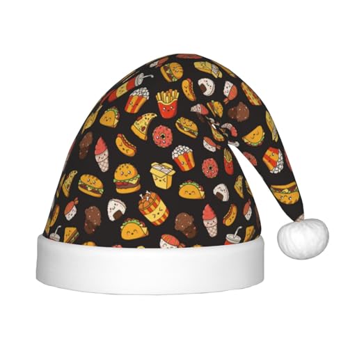 Kuilepa Weihnachtsmann-Hut mit Hamburger- und Pommes-Druck, für Weihnachten, Neujahr, Feiertage, Partyzubehör von Kuilepa