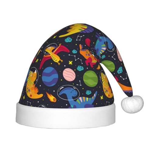 Kuilepa Weihnachtsmannhut mit Dinosaurier-Aufdruck im Weltraum, Weihnachtsmütze für Kinder, bequeme Unisex-Weihnachtsmützen für Weihnachten, Neujahr, Partyzubehör von Kuilepa
