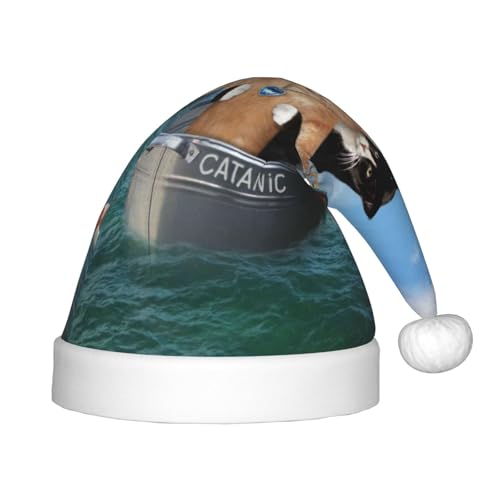Kuilepa Weihnachtsmannhut mit Eisdruck, zwei mutige Katzen, schwimmend im Meer, Weihnachtsmütze für Kinder, bequeme Unisex-Weihnachtsmützen für Weihnachten, Neujahr von Kuilepa