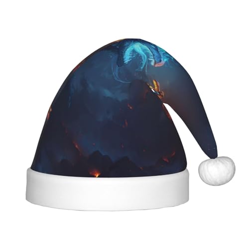 Kuilepa Weihnachtsmannhut mit Feuerdrachen-Druck, rot und blau, Weihnachtsmütze für Kinder, bequeme Unisex-Weihnachtsmützen für Weihnachten, Neujahr, Partyzubehör von Kuilepa