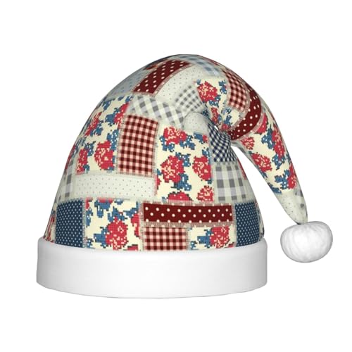 Kuilepa Weihnachtsmannhut mit Patchwork-Muster, rustikaler Stil, Weihnachtsmütze für Kinder, bequeme Unisex-Weihnachtsmützen für Weihnachten, Neujahr, Partyzubehör von Kuilepa