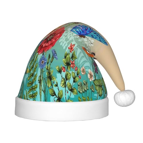 Kuilepa Weihnachtsmannhut mit Pflanzen und Insekten, Weihnachtsmütze für Kinder, bequeme Unisex-Weihnachtsmützen für Weihnachten, Neujahr, Partyzubehör von Kuilepa