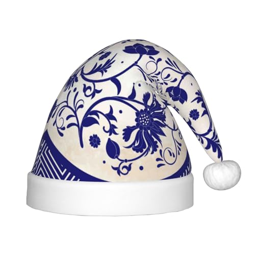 Kuilepa Weihnachtsmannhut mit Porzellanmuster, blau und weiß, Weihnachtsmütze für Kinder, bequeme Unisex-Weihnachtsmützen für Weihnachten, Neujahr, Partyzubehör von Kuilepa