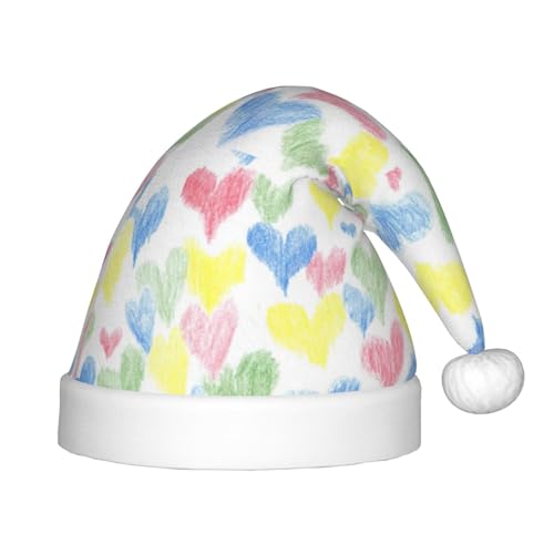 Kuilepa Weihnachtsmannhut mit bunten Herzen, handgezeichnet, Weihnachtsmütze für Kinder, bequeme Unisex-Weihnachtsmützen für Weihnachten, Neujahr, Zubehör für von Kuilepa