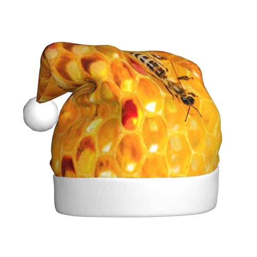 Kuilepa Weihnachtsmütze mit Bienen auf Bienenstock, Wabendruck, Weihnachtsmannmütze, Weihnachtsmütze für Erwachsene, verdickte Weihnachtsmannmützen für Weihnachten, Neujahr, Urlaub, Partyzubehör von Kuilepa