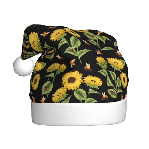 Kuilepa Weihnachtsmütze mit Bienen- und Sonnenblumen-Aufdruck, Weihnachtsmannmütze, Weihnachtsmütze für Erwachsene, verdickte Weihnachtsmannmützen für Weihnachten, Neujahr, Urlaub, Partyzubehör von Kuilepa