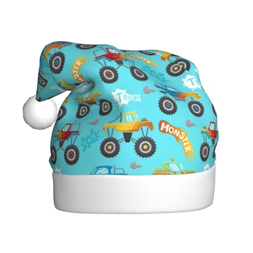 Kuilepa Weihnachtsmütze mit Cartoon-Monster-Truck-Druck, Weihnachtsmannmütze, dicker Weihnachtsmann-Hut für Weihnachten, Neujahr, Partyzubehör von Kuilepa