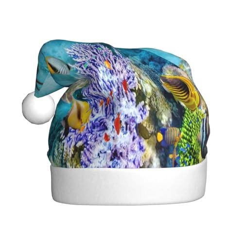 Kuilepa Weihnachtsmütze mit Korallen und tropischen Fischen, Weihnachtsmannmütze, Weihnachtsmütze für Erwachsene, verdickte Weihnachtsmannmützen für Weihnachten, Neujahr, Urlaub, Partyzubehör von Kuilepa