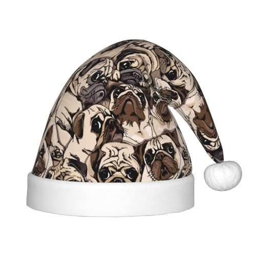 Kuilepa Weihnachtsmütze mit Mops-Druck, Weihnachtsmütze für Kinder, Unisex, bequem für Weihnachten, Neujahr, Feiertage, Partyzubehör von Kuilepa