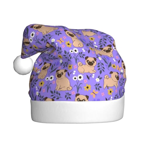 Kuilepa Weihnachtsmütze mit Mops und Blumen, Weihnachtsmannmütze, Weihnachtsmütze für Erwachsene, verdickte Weihnachtsmützen für Weihnachten, Neujahr, Partyzubehör von Kuilepa