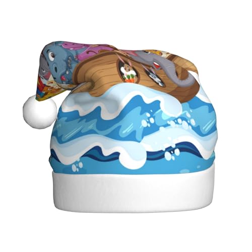 Kuilepa Weihnachtsmütze mit Regenbogen-Tieren auf Arche Noah, Weihnachtsmannmütze, Weihnachtsmütze für Erwachsene, verdickte Weihnachtsmannmützen für Weihnachten, Neujahr, Urlaub, Partyzubehör von Kuilepa