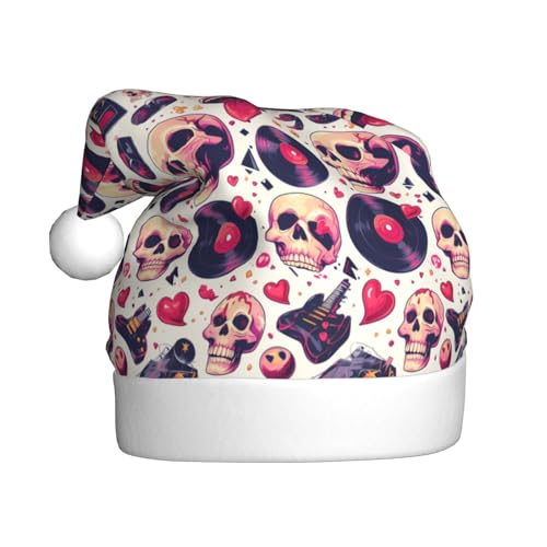 Kuilepa Weihnachtsmütze mit Totenkopf-Lippen, Schallplatten-Gitarre, Weihnachtsmannmütze, Weihnachtsmütze für Erwachsene, verdickte Weihnachtsmannmützen für Weihnachten, Neujahr, Urlaub, Partyzubehör von Kuilepa