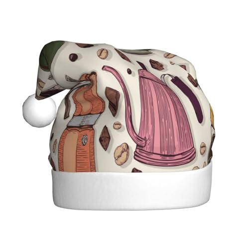Kuilepa Weihnachtsmütze mit Vintage-Kaffee-Druck, Weihnachtsmannmütze, Weihnachtsmütze für Erwachsene, verdickte Weihnachtsmannmützen für Weihnachten, Neujahr, Urlaub, Partyzubehör von Kuilepa