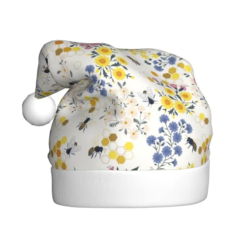 Kuilepa Weihnachtsmütze mit Wildblumen-Honigbienen-Druck, Weihnachtsmannmütze, Weihnachtsmütze für Erwachsene, verdickte Weihnachtsmannmützen für Weihnachten, Neujahr, Urlaub, Partyzubehör von Kuilepa