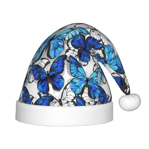 Kuilepa Weihnachtsmütze mit blauen und weißen Schmetterlingen, Weihnachtsmütze für Kinder, bequeme Unisex-Weihnachtsmützen für Weihnachten, Neujahr, Partyzubehör von Kuilepa