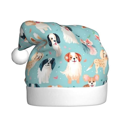 Kuilepa Weihnachtsmütze mit buntem Hundeaufdruck, Weihnachtsmannmütze, Weihnachtsmütze für Erwachsene, verdickte Weihnachtsmannmützen für Weihnachten, Neujahr, Urlaub, Partyzubehör von Kuilepa