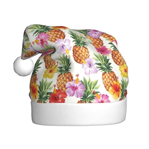 Kuilepa Weihnachtsmütze mit hawaiianischem Ananas- und Hibiskusblüten-Druck, Weihnachtsmannmütze, Weihnachtsmütze für Erwachsene, verdickte Weihnachtsmützen für Weihnachten, Neujahr von Kuilepa