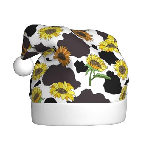 Kuilepa Weihnachtsmütze mit schwarzem Kuh-Sonnenblumen-Druck, Weihnachtsmütze für Erwachsene, verdickte Weihnachtsmannmützen für Weihnachten, Neujahr, Urlaub, Partyzubehör von Kuilepa