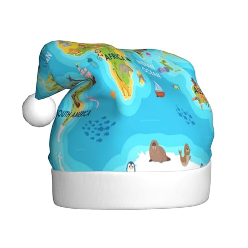 Kuilepa Weltkarte mit Tieren, Weihnachtsmütze, Weihnachtsmannhut, Weihnachtsmütze für Erwachsene, verdickte Weihnachtsmannmützen für Weihnachten, Neujahr, Partyzubehör von Kuilepa