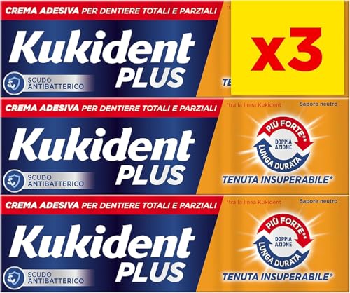 Kukident Plus Haftcreme mit doppelter Wirkung, Haftcreme für Total- und Teilprothesen, 3 Packungen à 35 g, neutraler Geschmack, lange Haltbarkeit Kukident Plus Haftcreme mit doppelter Wirkung, Haftcreme für Total- und Teilprothesen, 3 Packungen à 35 g, neutraler Geschmack, lange Haltbarkeit von Kukident