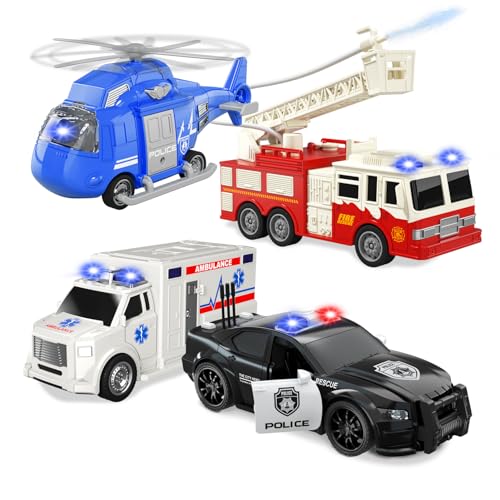 Rettungsfahrzeug-Spielset, 4er-Pack 1:20 Krankenwagen-Spielzeug, Feuerwehrauto, Krankenwagen, Spielpolizeiauto und Spielzeug-Hubschrauber, Kinderspielzeug für Jungen 2 3 4 5 6 Jahre alt ift von KukuFun