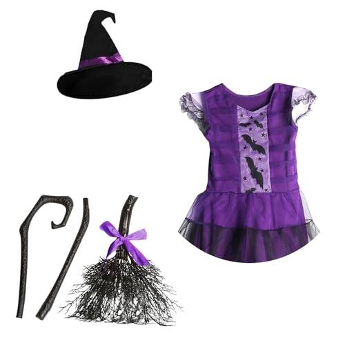 Toddler Halloween Cos Witch Purple Costume Set For Girls Age 3-5 4-8 8-12, Bat Outfit Dress with Witch Hat & Magic Broom, Halloween Birthday Role Play Party Gifts for 5 6 7 8 9 10 Year Old Girls Kids Toddler Halloween Cos Witch Purple Costume Set For Girls Age 3-5 4-8 8-12, Bat Outfit Dress with Witch Hat & Magic Broom, Halloween Birthday Role Play Party Gifts for 5 6 7 8 9 10 Year Old Girls Kids von KukuFun