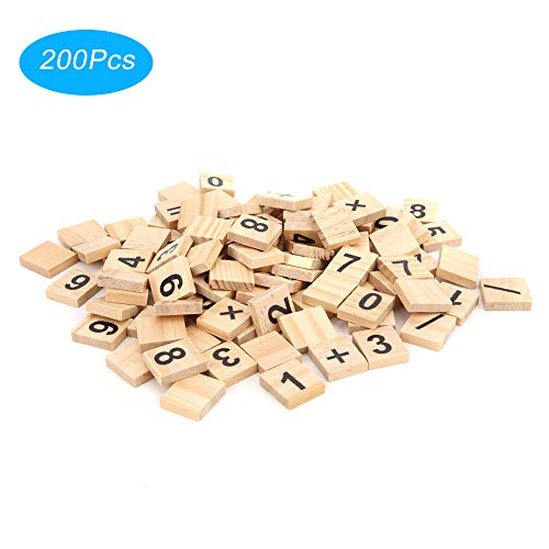 Kukyller 200pcs Holzfliesen Zahlen und Symbole Holzstücke, Holzzahl Fliesen 0-9 Kinder pädagogische Spiel Spielzeug Lernbuchstaben Wörter Werkzeug von Kukyller