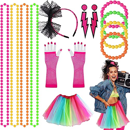 Kulannder 80er Party Kleid Zubehör, Mottoparty Kostüm Regenbogen Tutu Rock, Neon Halsketten, Fishnet Pink Handschuhe, Mehrfarbig Perlenkette für 1980 Party Damen Set (14 Stück) von Kulannder