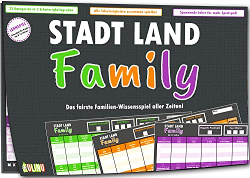 Gesellschaftsspiel - Stadt, Land, Family - Das fairste Familienspiel Aller Zeiten - Fluss Lernspiel für Kinder ab 8 Jahren - Geschenk-Idee - 3X Spieleblöcke - 100% Made in Germany von Kulinu