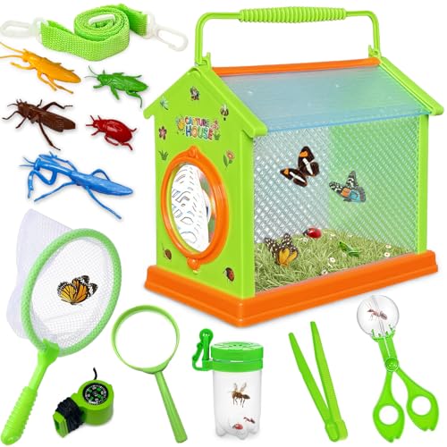 Kulveanju Forscherset für Kinder ab 4, 12 Stück Entdecker Set Kid ab 5, mit Insektenbox, Insektenfänger, Lupenglas, 5 Gefälschte Insekten, Schmetterlingsnetz, Spielzeug Draußen Geschenke ab 3 Jahre von Kulveanju