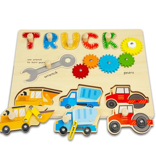 Kulveanju Holzpuzzle 1 Jahr, Montessori Kinder Puzzel mit Griff, Lernspielzeug Puzzle Kleinkind Spielzeug, Montessori Tiere Steckpuzzle Holz Spielzeug Geschenk für Baby 1 2 3 Jahr, LKW Puzzle von Kulveanju