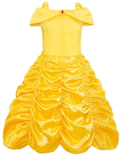 KumSoomliy Mädchen Prinzessin Belle Kostüm Kleid Gelb Kinder Ärmellos Halloween Fancy Party Kleider Geburtstag Märchen Rollenspiel Cosplay Outfit 9-10 Jahre von KumSoomliy