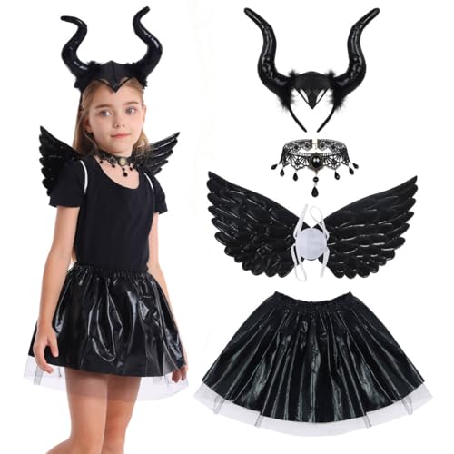 KumSoomliy Maleficent Outfits für Mädchen, Teufelskostüme mit Flügeln und Hörnern für Halloween, Karneval, Kinder, Teufelshörner für eine Größe, 4 Stück KumSoomliy Maleficent Outfits für Mädchen, Teufelskostüme mit Flügeln und Hörnern für Halloween, Karneval, Kinder, Teufelshörner für eine Größe, 4 Stück von KumSoomliy