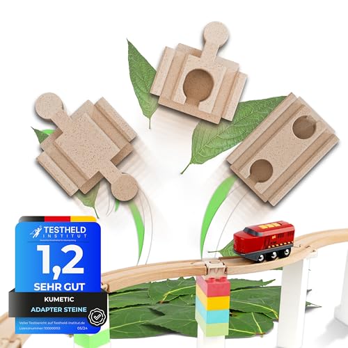 KUMETIC 22 Stück Starter-Set Adapter-Steine in Holzoptik passend für Brio Schienen & Duplo® sowie alle übrigen Holzeisenbahnen + Klemmbausteine - Made in Germany von Kumetic