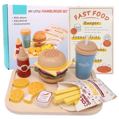 Holzspielzeug Küche Zubehör für Kinder – Holz Hamburger Schnellimbiss Set mit deutschem Menü, ideales Spielzeug für die Mud Kitchen und Küchenzubehör für Shops. von Kunaxku