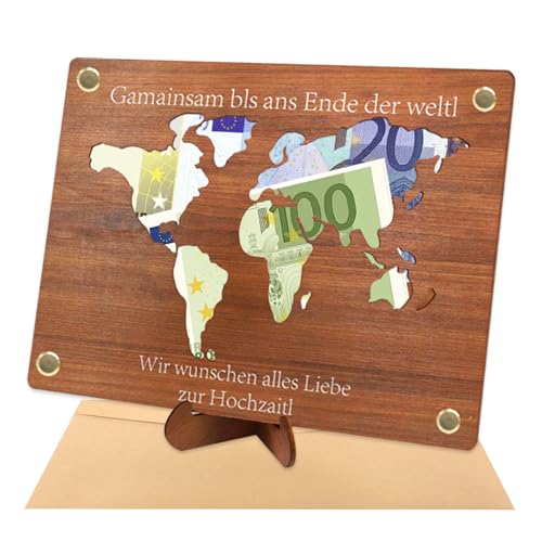 Kunaxku Geldgeschenk Hochzeit, Weltkarte Bilderrahmen Geldgeschenk, Hochzeit Geschenke mit Ständern Briefköpfe, Dekorative Geschenkkarte Holz, Personalisierte Weltkarte für Brautpaar von Kunaxku