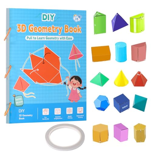 Pull String 3D Geometry Learning Book, 3D Geometrie Lernbuch mit Zugschnur, Lehren Volumen & Oberfläche Formeln Spielzeug,Geometrie Lehrmaterial Boutiquefortun Spielzeug mit 15 Feststoffe für Anfänger von Kunaxku