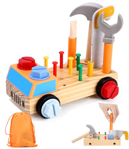 Montessori Spielzeug,Kinderwerkzeug Holzspielzeug, Werkzeug Kinder Motorikspielzeug mit Aufbewahrungstasche, Schrauben Kinderspielzeug,Geschenk Kinderspielzeug für Mädchen Junge 3 4 5 6 Jahre von Kureny