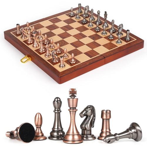 30,5 cm große Metall-Schachfiguren: Holz-Schachbrett-Set, zusammenklappbar, Reise-Schachsets, Metallbronze und Silber, Bonus 2 zusätzliche Königinnen, tragbares und langlebiges klassisches Schachspiel von Kvintes