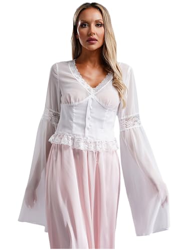 Kvysinly Damen Chiffon Oberteil Langarm Shirt mit Floralem Spitzenbesatz Frau Gothic-Stil Top Freizeit Crop Top Steampunk Kostüme Elfenbein XXL Kvysinly Damen Chiffon Oberteil Langarm Shirt mit Floralem Spitzenbesatz Frau Gothic-Stil Top Freizeit Crop Top Steampunk Kostüme Elfenbein XXL von Kvysinly