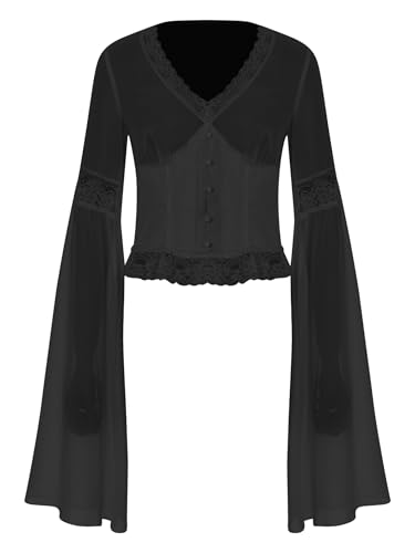 Kvysinly Damen Chiffon Oberteil Langarm Shirt mit Floralem Spitzenbesatz Frau Gothic-Stil Top Freizeit Crop Top Steampunk Kostüme Schwarz XXL Kvysinly Damen Chiffon Oberteil Langarm Shirt mit Floralem Spitzenbesatz Frau Gothic-Stil Top Freizeit Crop Top Steampunk Kostüme Schwarz XXL von Kvysinly