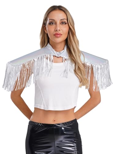 Kvysinly Damen Glänzende Metallic Rüstung Pailletten Fransen Panzer Schulterklappen Tasseln Armor Gilet-Perfekt Für Rave Halloween Silber One Size von Kvysinly
