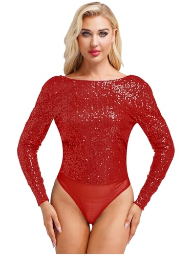 Kvysinly Damen Glitzer Body Slim Fit Bodysuit Pailletten Oberteil Rundhalsausschnitt Jumpsuit Einteiliger Unterhemd Party Outfit Burgundy XXL von Kvysinly