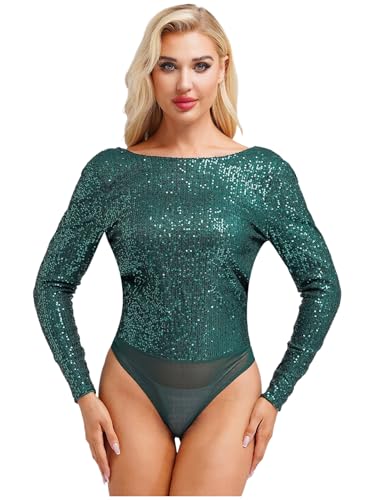 Kvysinly Damen Glitzer Body Slim Fit Bodysuit Pailletten Oberteil Rundhalsausschnitt Jumpsuit Einteiliger Unterhemd Party Outfit Dunkelgrün XXL von Kvysinly