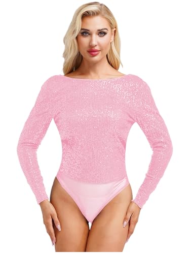 Kvysinly Damen Glitzer Body Slim Fit Bodysuit Pailletten Oberteil Rundhalsausschnitt Jumpsuit Einteiliger Unterhemd Party Outfit Rosa XXL von Kvysinly