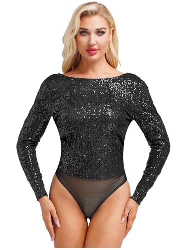 Kvysinly Damen Glitzer Body Slim Fit Bodysuit Pailletten Oberteil Rundhalsausschnitt Jumpsuit Einteiliger Unterhemd Party Outfit Schwarz XXL von Kvysinly