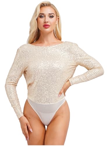 Kvysinly Damen Glitzer Body Slim Fit Bodysuit Pailletten Oberteil Rundhalsausschnitt Jumpsuit Einteiliger Unterhemd Party Outfit Sekt XXL von Kvysinly