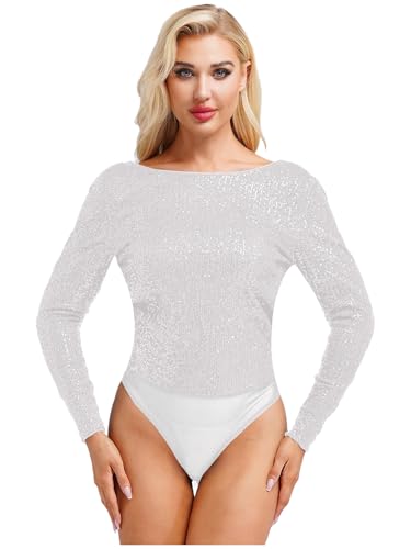 Kvysinly Damen Glitzer Body Slim Fit Bodysuit Pailletten Oberteil Rundhalsausschnitt Jumpsuit Einteiliger Unterhemd Party Outfit Silber XXL von Kvysinly